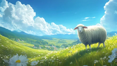 Sheep standing on hillside above valley settlement under sky.
