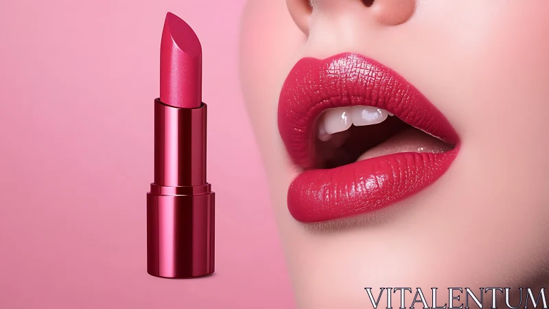 Pink satin lipstick shines beside glossy parted lips closeup
