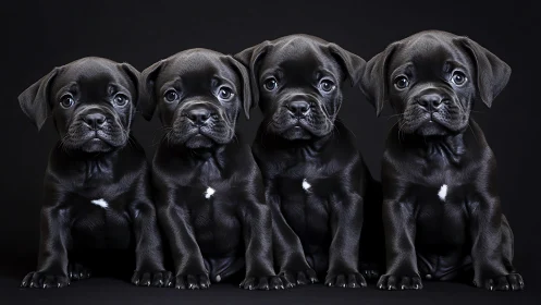 Four glossy black puppies posed in dramatic studio light.