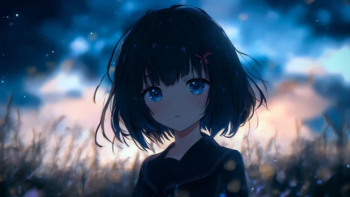 Melancholic anime girl in blue dusk bokeh field environment