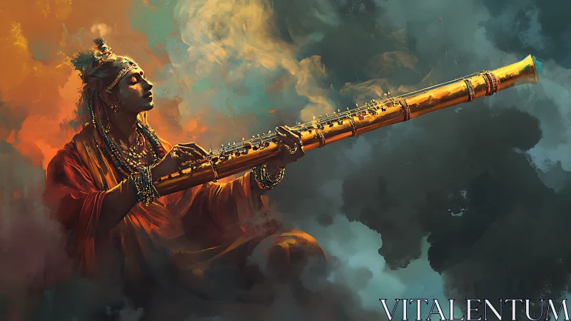 Mystic musician cradles golden flute amid swirling clouds.