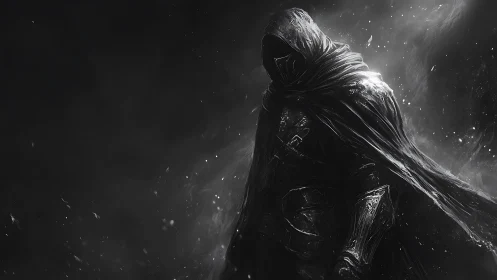 Shadowed cloaked warrior steps from swirling silver darkness