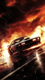 Muscle car drifts through firestorm under torrential night rain