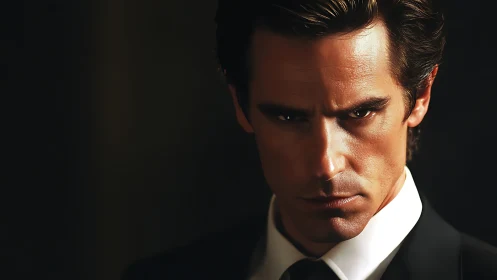 Shadow-lit gaze of a brooding man in tailored darkness.