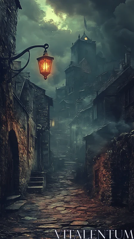 Old cobblestone alley glowing under a lonely lantern light.