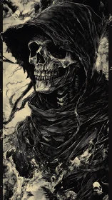 Hooded skeletal wraith emerging from swirling inked shadows