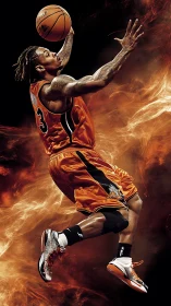 Basketball player in midair layup with stylized fiery backdrop.
