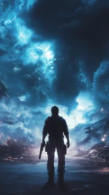 Silhouetted soldier stands under glowing storm-filled sky