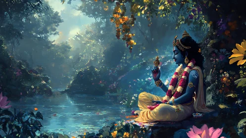 Divine blue figure meditates beside a luminous forest river.