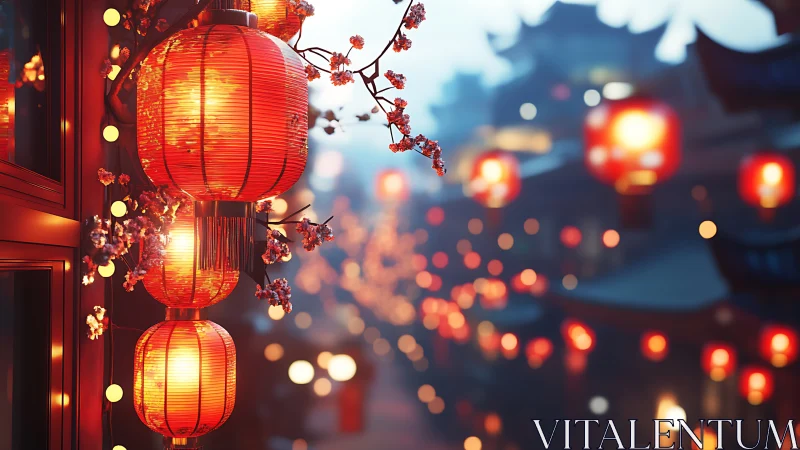 Lantern blossoms spill warm light into a drifting festival night