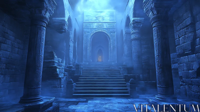Ancient stone hall rises through mist toward glowing gate