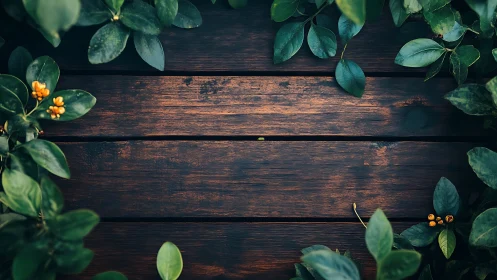 Wooden planks lie horizontally with green leaves framing edges.