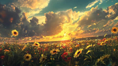 Sunflower daydreams blaze beneath a stormlit sunset sky.