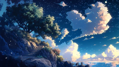 Starlit coastal path under luminous clouds at twilight.