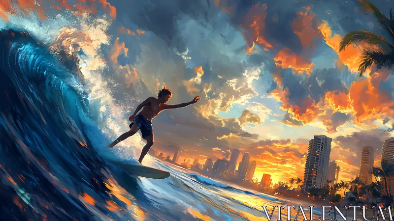 Surfer carves dynamic wave before neon-lit coastal skyline at dusk