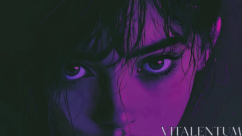 Intense close up portrait in purple and dark green tones.