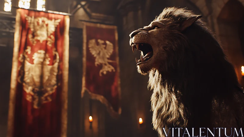 Roaring heraldic lion in vaulted torchlit medieval throne hall