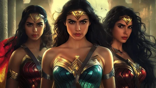 Three Powerful Amazons in Fantasy Armor, Cinematic Digital Art.