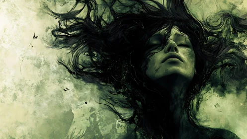 Surreal digital portrait with swirling abstract hair forms.