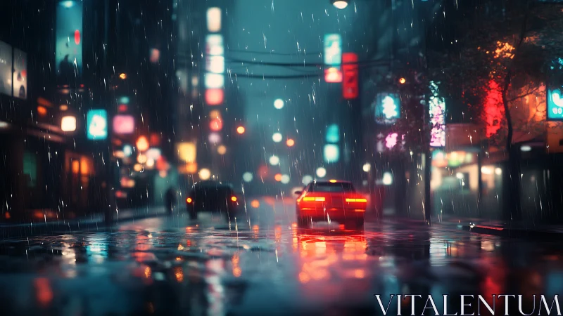 Neon city street in heavy rain with glowing car lights.