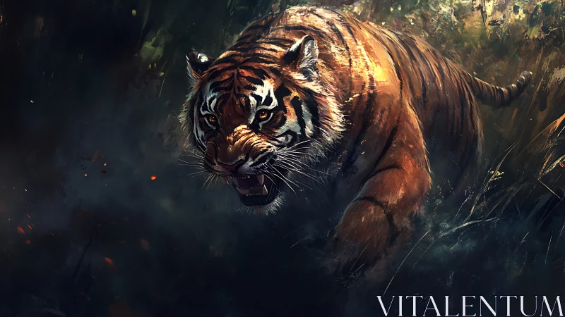 Ferocious tiger charges forward through dark jungle brush.