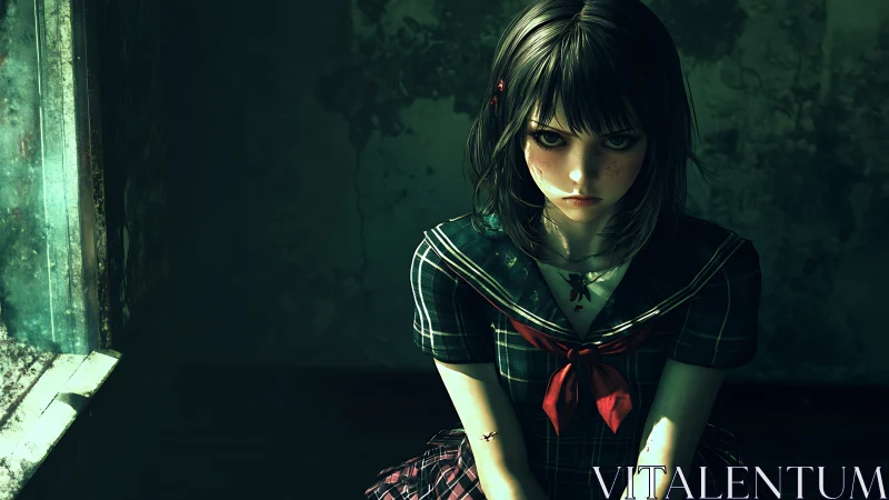 Moody anime schoolgirl in dim, decayed interior setting.