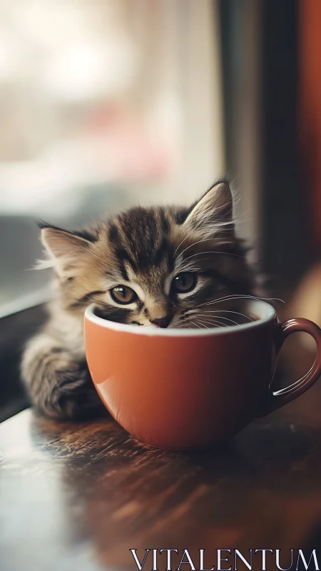 Tabby Kitten Peering from Oversized Ceramic Mug.