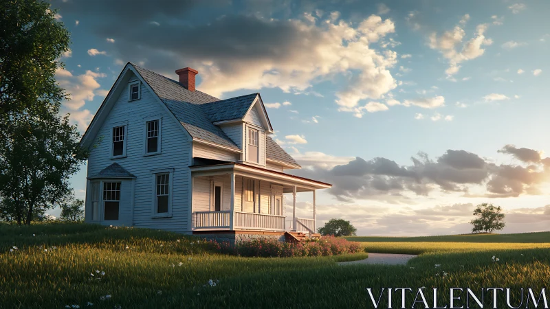 Sunlit farmhouse porch cradled by golden evening meadows.