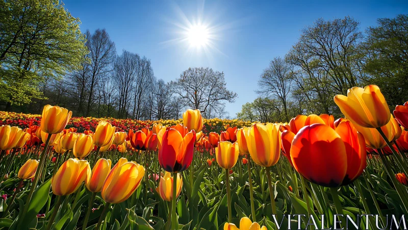 Wide-angle tulip field under high midday sun with backlit petals