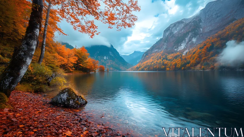 Golden autumn lake rests beneath misty blue mountains