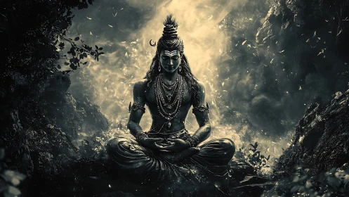 Serene forest deity resting in glowing mountain mist.