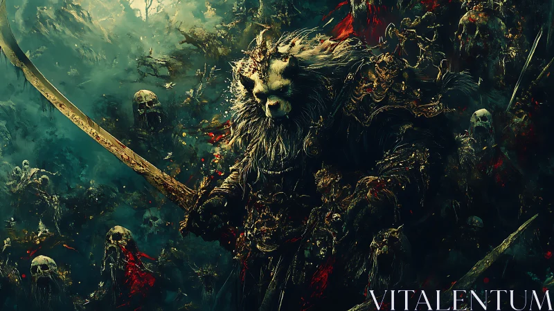 Armored beast warrior leading undead horde in battle.