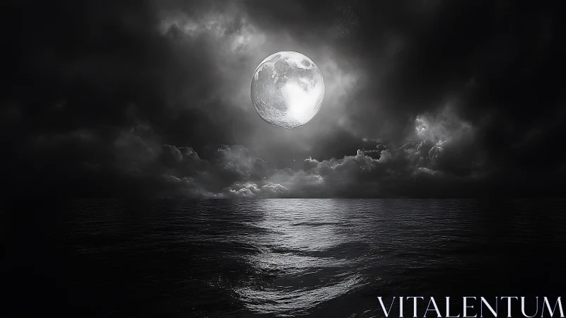 Monochrome full moon above dark ocean under clouds.