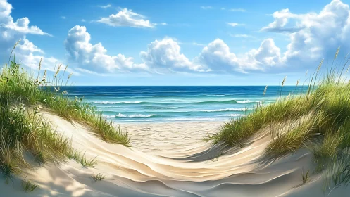 Wind-sculpted dune gateway opening to turquoise summer sea.