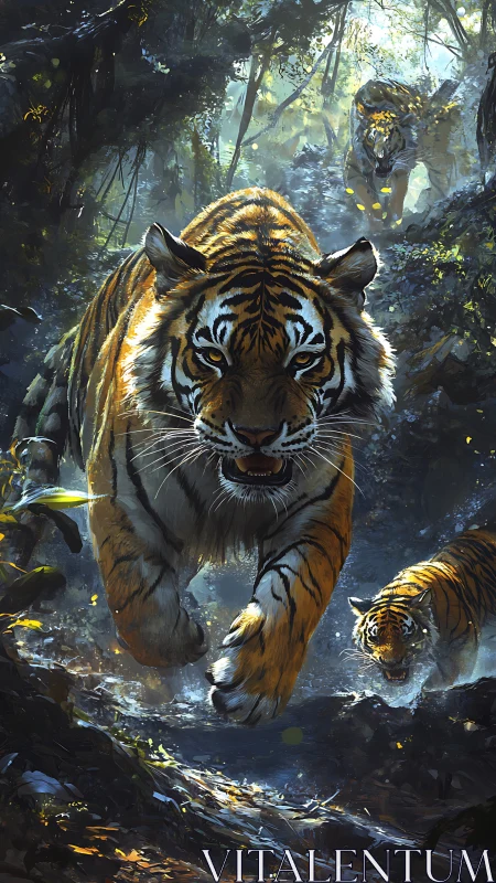 Tiger Pack Stalking Through Misty Forest.