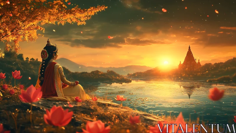 Woman in traditional dress meditating by river at sunset.