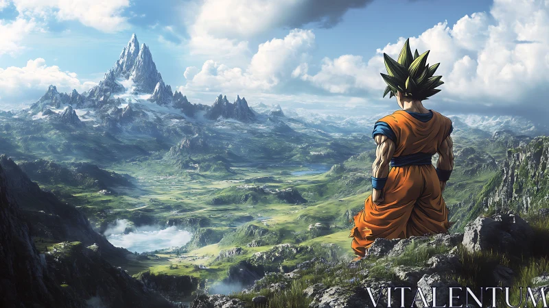 Saiyan warrior overlooks vast alpine fantasy valley