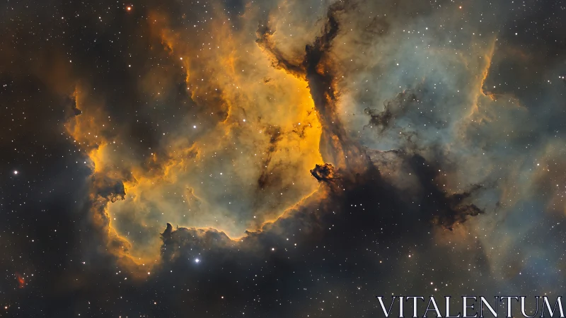 Narrowband emission nebula core with dark dust pillars and stars