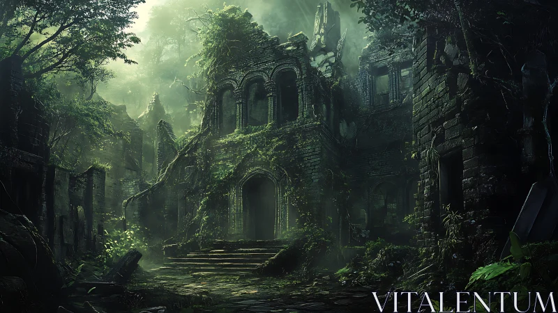 Overgrown gothic stone ruins under volumetric green forest light
