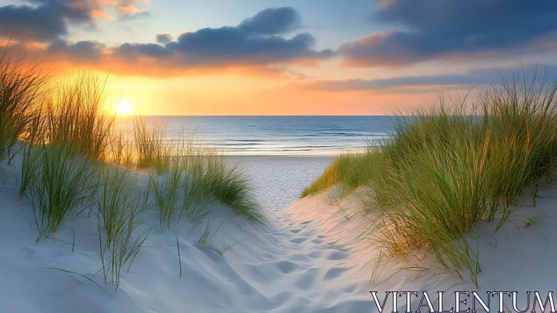 Coastal dune corridor framing low-sun maritime horizon geometry.