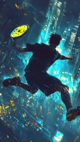 Cyberpunk runner leaps through neon-lit futuristic city