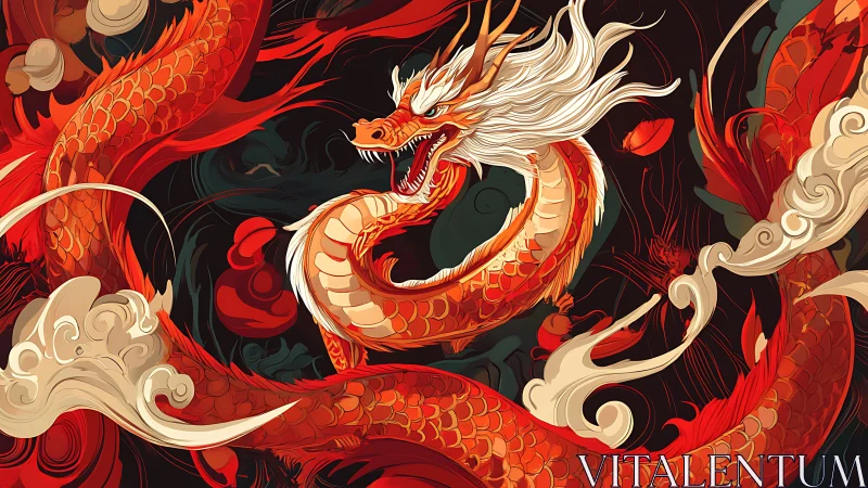 Fiery oriental dragon coils through storm of swirling flames.