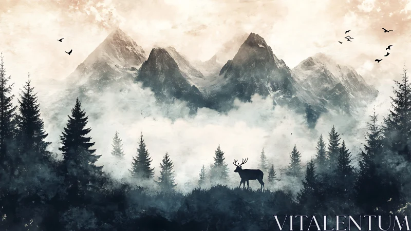 Mist-drifted peaks watch a lone stag script the silence