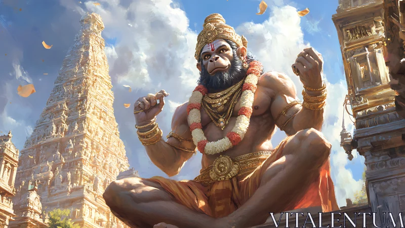 Monumental simian deity in dynamic temple courtyard tableau.