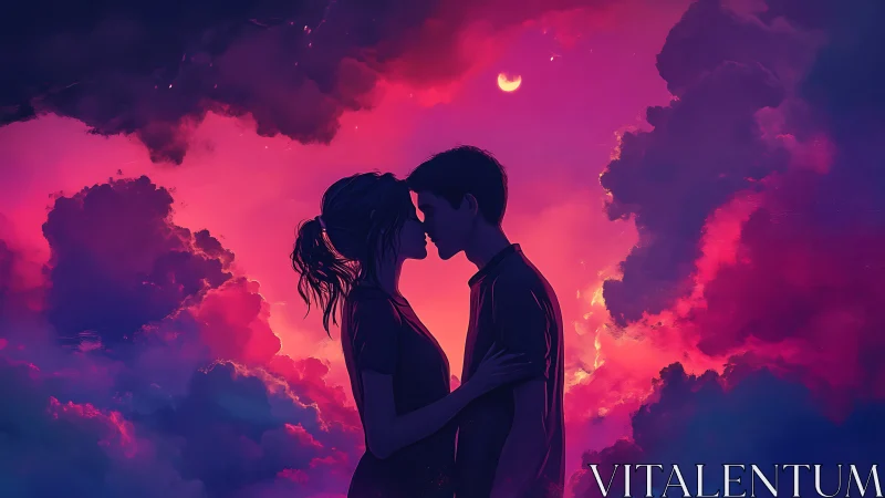 Silhouetted Couple Beneath Neon Sky with Crescent Moon.