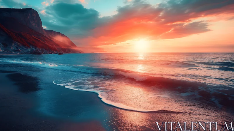 Vivid seascape sunset over misty cliffs and smooth surf.