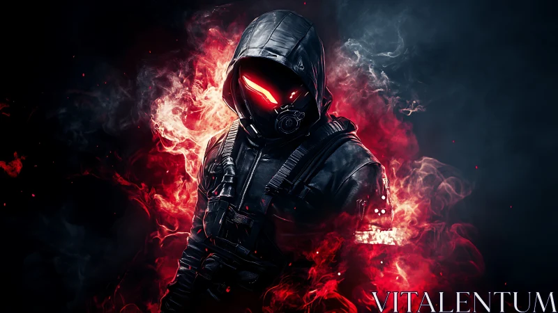 Hooded cyber warrior emerges within red inferno smoke.