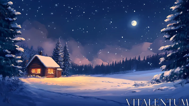 Snowy forest cabin under moonlit winter night sky.