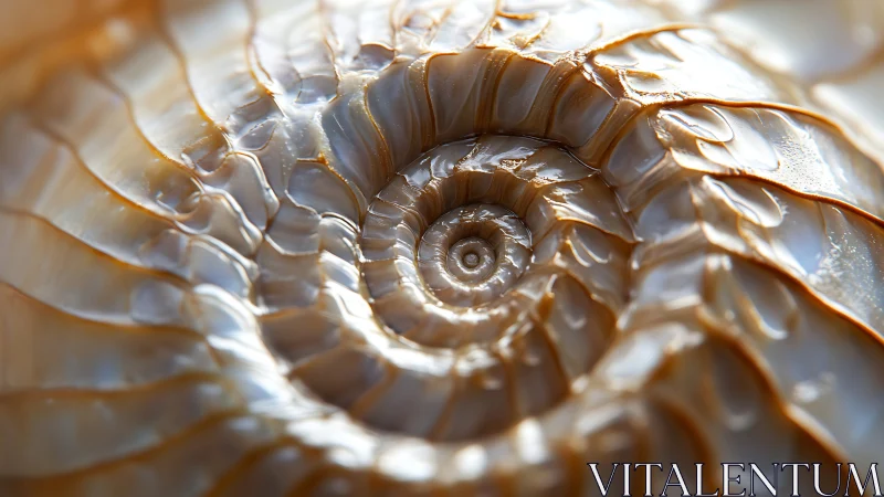Macro spiral detail of iridescent nautilus shell structure.