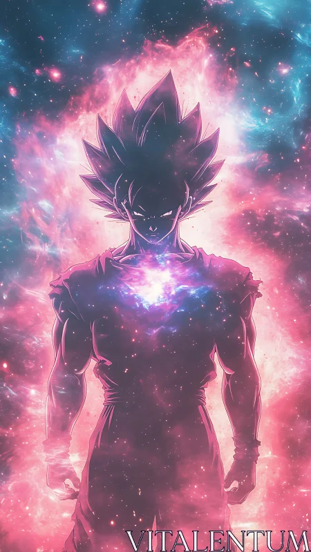 Backlit cosmic warrior silhouette radiates concentrated nebular core